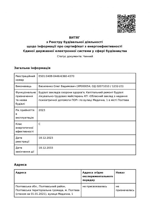 КП «Обласний заклад з надання психіатричної допомоги ПОР» по вулиці Медична, 1 в місті Полтава